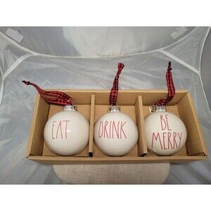Rae Dunn By Magenta EAT DRINK BE MERRY Ceramic Christmas Ornaments Set of 3